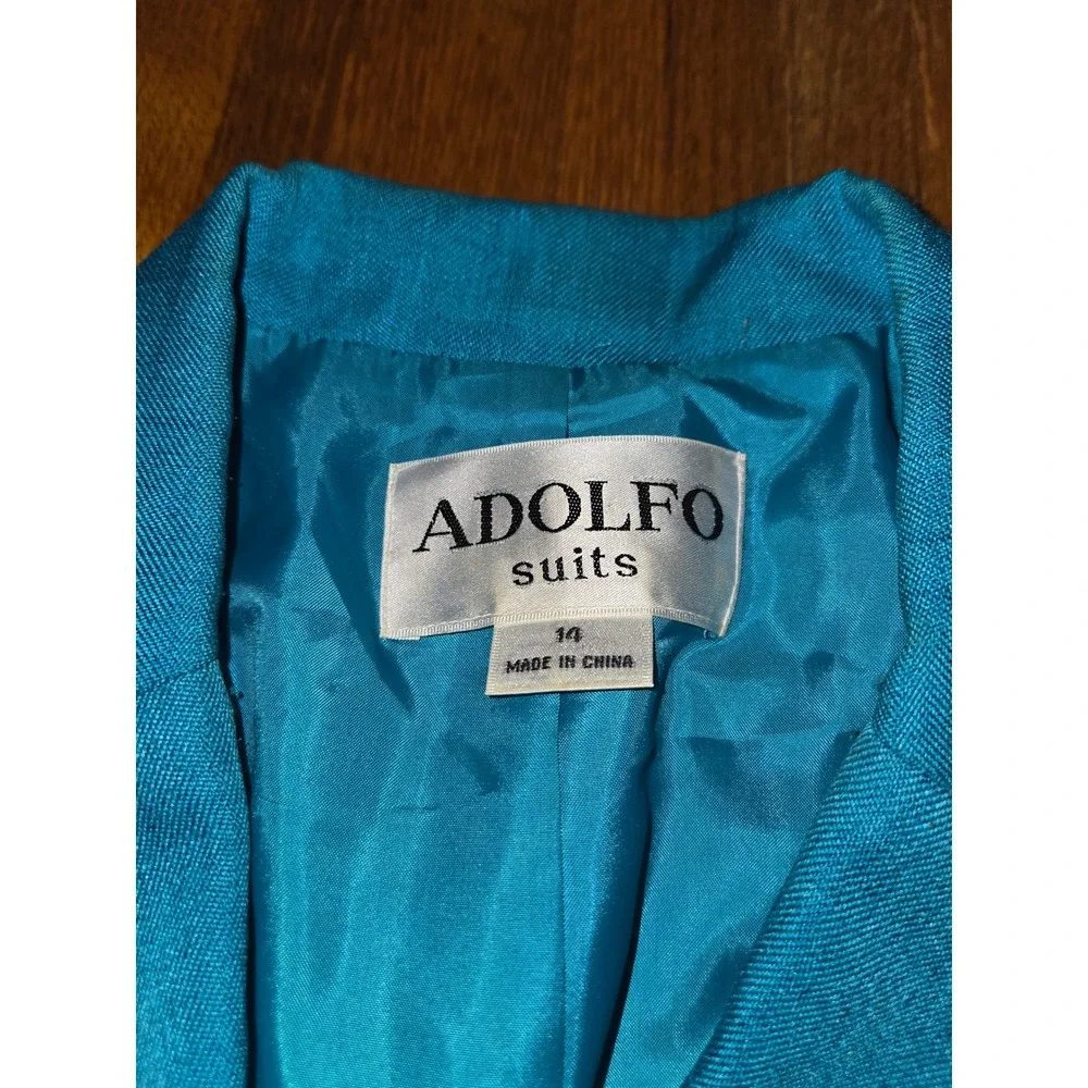 Adolfo Suits‎ Women 14 2 Pc Teal Blue Short Sleeve Blazer Pencil Skirt Suit Set